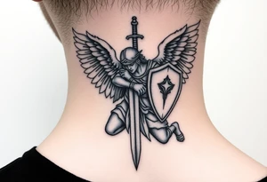 Kneeling warrior angel with a sword and shield tattoo idea