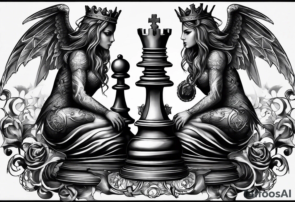 Illustrate an intricately balanced scale where one side represents the angelic forces, and the other represents the demonic forces. The chess pieces can sit on each side, symbolizing the equilibrium between good and evil. tattoo idea