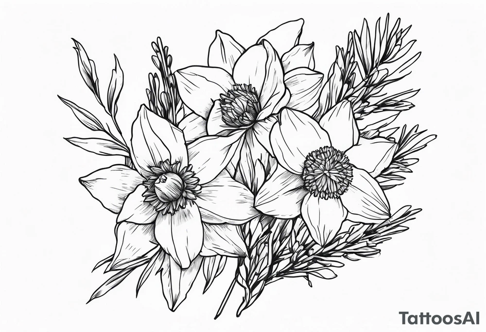 daffodil and aster flowers in a bouquet with pine branch and willow branch tattoo idea