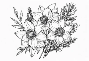 daffodil and aster flowers in a bouquet with pine branch and willow branch tattoo idea