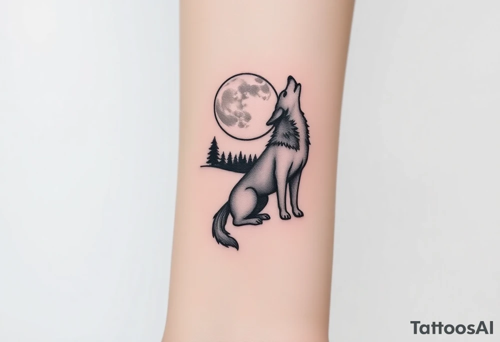 lone wolf howling at full moon with northern lights backdrop tattoo idea