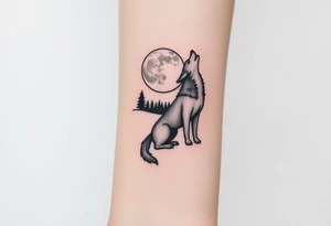 lone wolf howling at full moon with northern lights backdrop tattoo idea