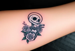 jack skellington smoking a blunt, with a halo over head, roses, jackolanters tattoo idea