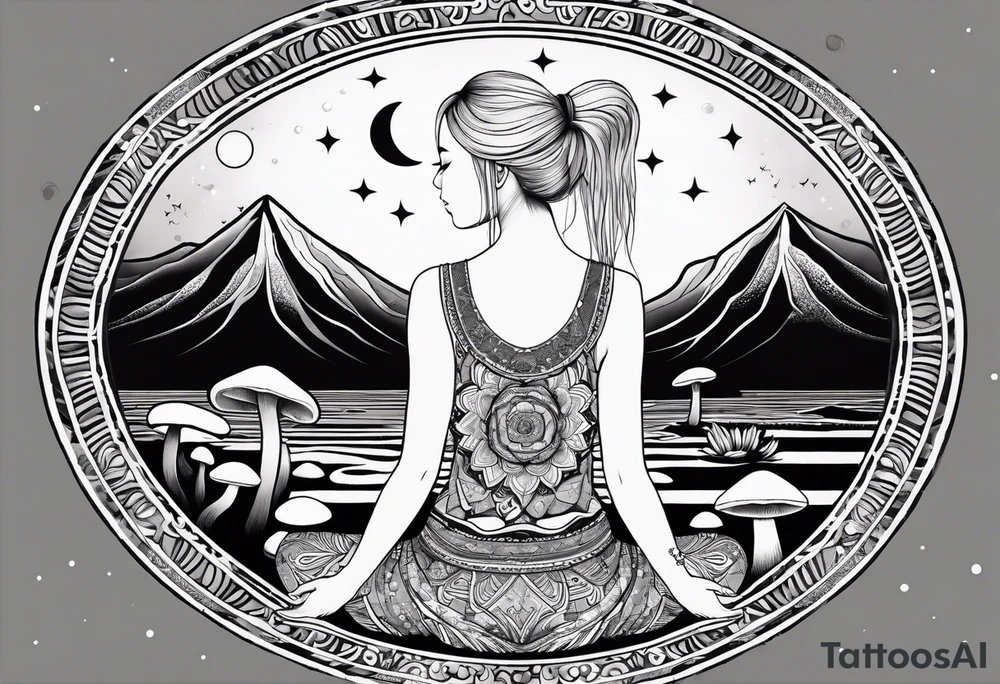 Straight blonde hair girl meditating facing away toward mountains surrounded by mushrooms crescent moon mandala circular design black and white striped dress tattoo idea