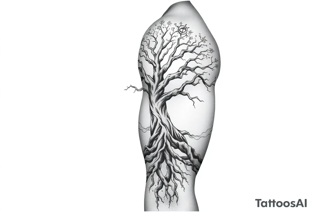 mystical tree of life with cosmic roots and celestial branches tattoo idea