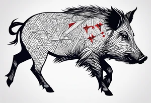 Wild boar that is blue with 3 red crosses tattoo idea