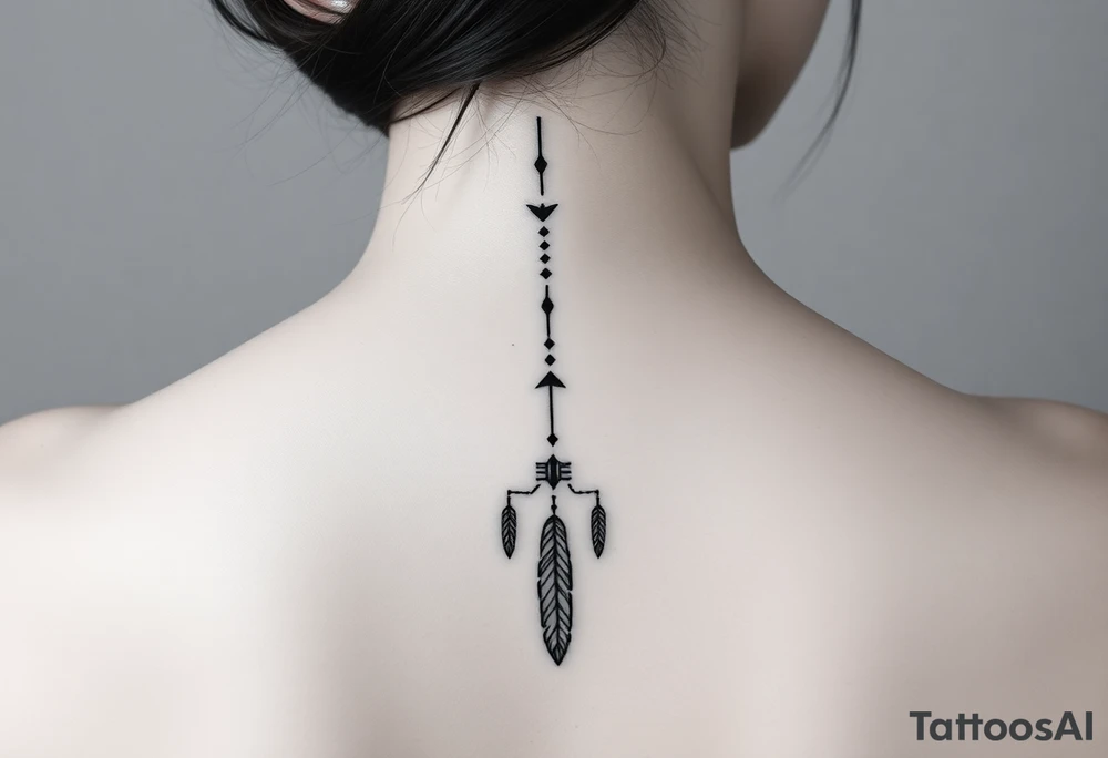 Thin spinal tattoo following down the spine in a native style with 3 vertical different lengths flowing lines made of a discreet connection of morse code ".--- .- --.     .-.. ... -.- .- .-.   -.. .. --.     .-.. .. .-.. .-.. . -... .-. --- .-. forming 3 arrow shapes connected to 3 flowing feathers hanging from the end of the morse code lines tattoo idea