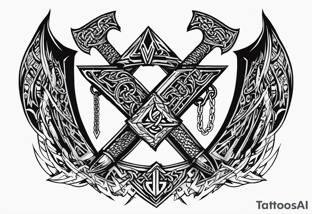 Valhalla sword shield dragon axe Valknut barbed wire chains tribal tattoo idea Valhalla sword shield dragon axe Valknut barbed wire chains tribal tattoo idea