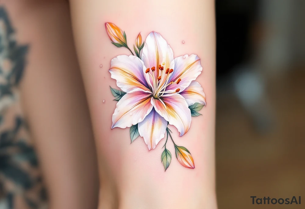 A beautifully detailed white lily with soft golden accents, its petals gracefully curving outward, revealing subtle hints of blush pink near the center. Tiny dew droplets rest on the petals, reflecting light for a realistic effect. tattoo idea
