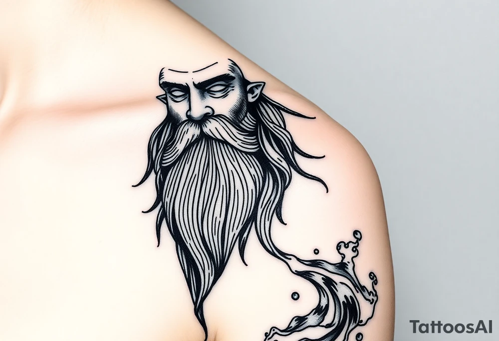 The sign of aquarius version human man almost resembling a god, with a large beard, with a jar on the shoulder with water coming out of it in an ocean element of water flowing along the arm tattoo idea