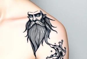 The sign of aquarius version human man almost resembling a god, with a large beard, with a jar on the shoulder with water coming out of it in an ocean element of water flowing along the arm tattoo idea