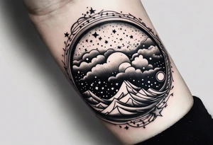 A wrist tattoo in a format of a cloud with the bracelet orientation and inside of this cloud I want galaxy stars and planets tattoo idea