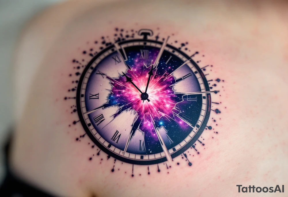 A clock with a shattered glass face, revealing a cosmic nebula behind it in hues of violet, magenta, and deep indigo. tattoo idea