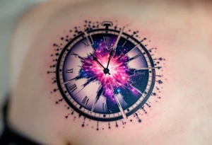 A clock with a shattered glass face, revealing a cosmic nebula behind it in hues of violet, magenta, and deep indigo. tattoo idea