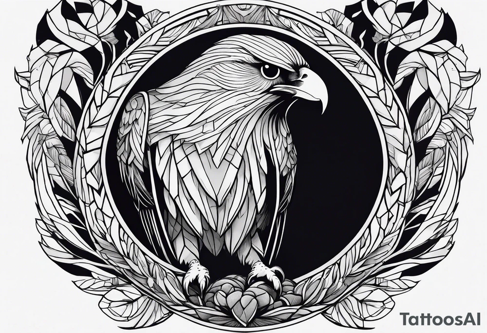 Owl, raven, eagle cuddled in a nest, looking down into the nest tattoo idea