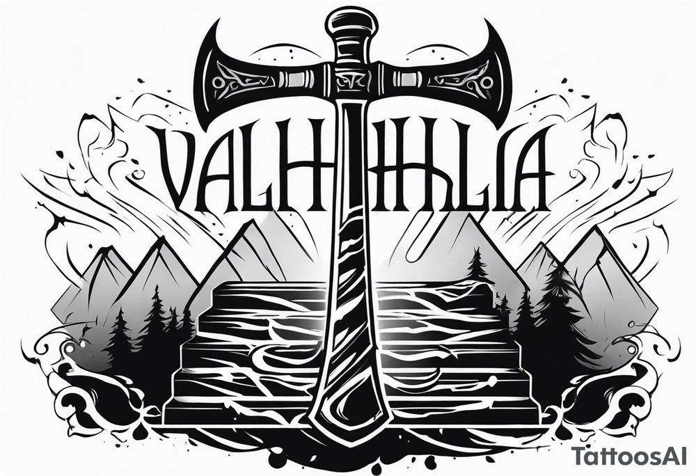 Valhalla 
 sword stairs axe mist fog tattoo idea