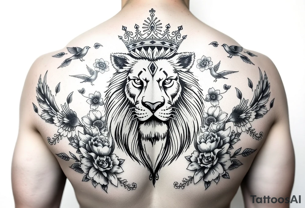 powerful majestic lion with a crown, surrounded by floral ornaments and birds tattoo idea