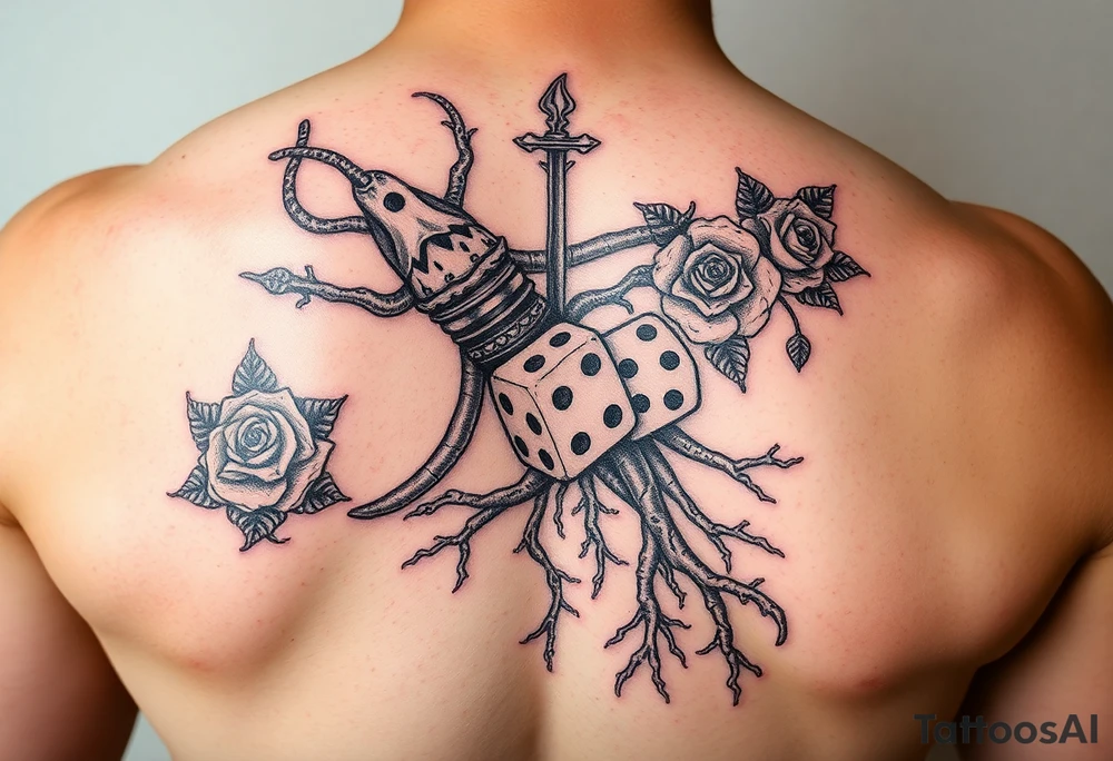 Gods hand, squid, knight with roses and tree roots rolling dice tattoo idea