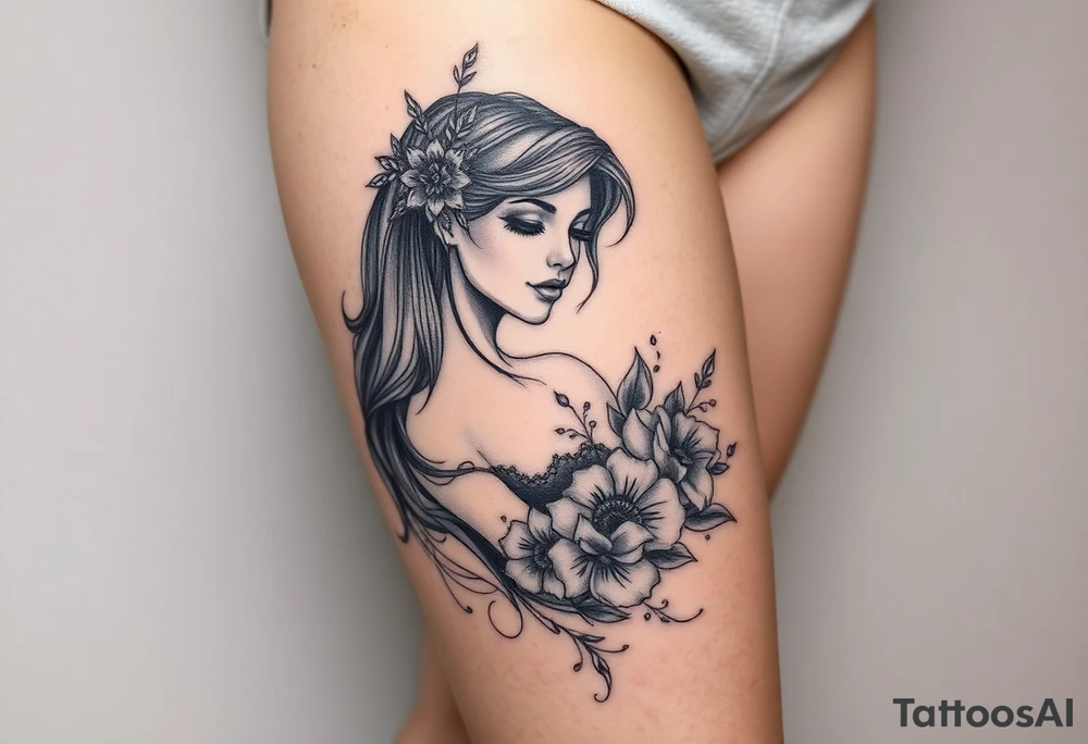 Full thigh tattoo with pretty girl and art work tattoo idea