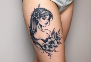 Full thigh tattoo with pretty girl and art work tattoo idea