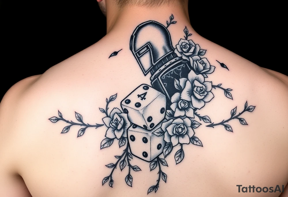 gothic knight intertwined with climbing roses and thorny vines with cherry blossoms rolling dice tattoo idea