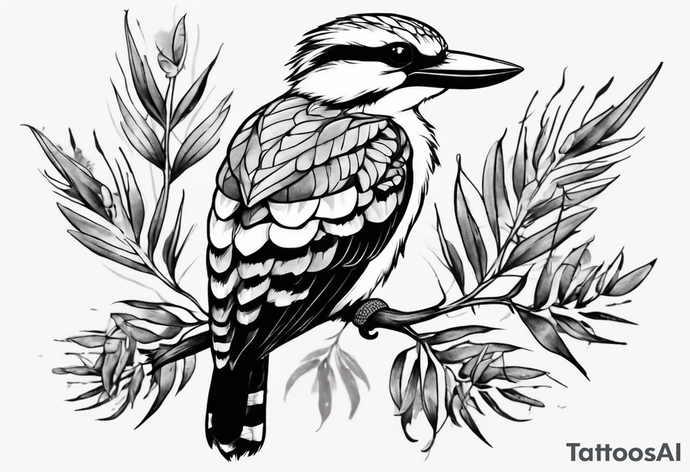 Small kookaburra sitting on wattle leaves tattoo idea