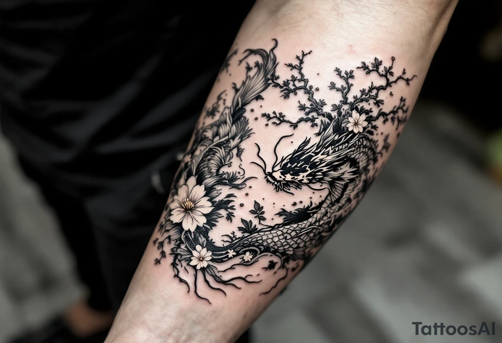 koi fish fighting a dragon with a sakura tree in the background, Japanese inspired piece tattoo idea