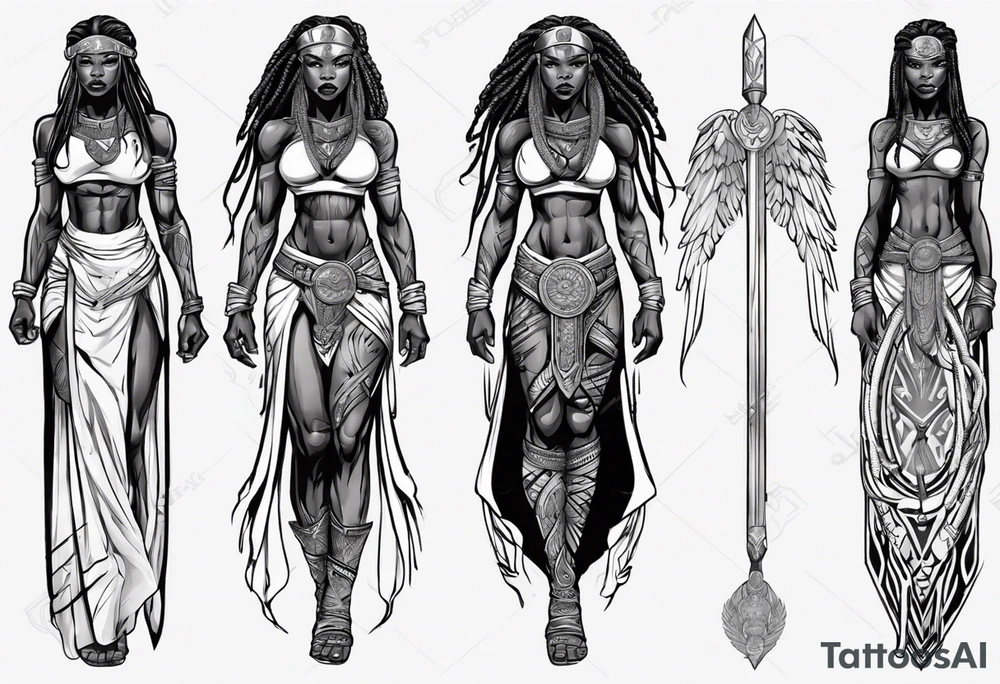 African female Viking warrior full body angelic
slim long face long braided hair descending from heaven tattoo idea