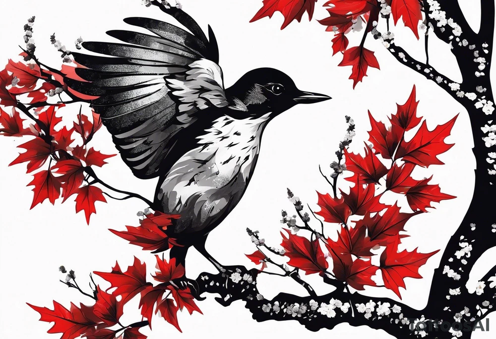 trash polka style. Arm tattoo. chest tattoo. Long tattoo. large tattoo. Full sleeve. Shoulder. A single large maple tree with red autumn leaves that branches upwards from wrist to shoulder. White-throated dipper bird on the trees branches. Calluna flowers at the base of the trees stem. Tree stem has dark colors. Red/yellow sunset behind the trees stem. Leaves falling. tattoo idea
