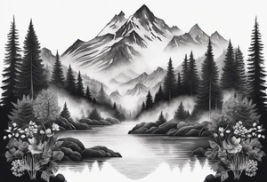 Create a delicate tattoo depicting a symmetrical landscape with a waterfall cascading between mountains, surrounded by flora and fauna tattoo idea