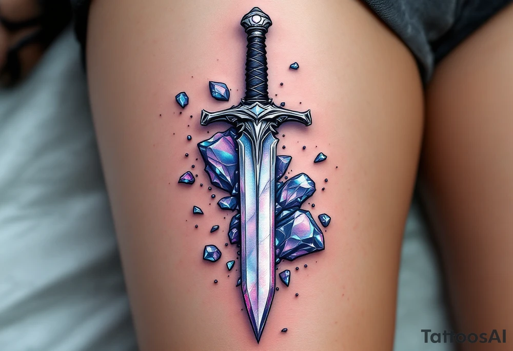 Abstract Dagger and Shards – A stylized dagger with shards of broken glass or crystals scattered around it. The dagger is silver with bright white reflections, while the shards are done in frosty blues and purples. tattoo idea