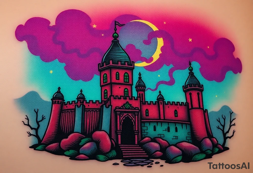 Tim Burton’s haunted Arabian castle is abandoned and dripping with muted reds, dusty pinks, and eerie green glow.purple and cyan smokey clouds swirl in the crescent moonlit sky thats sprinkled with stars tattoo idea tattoo idea