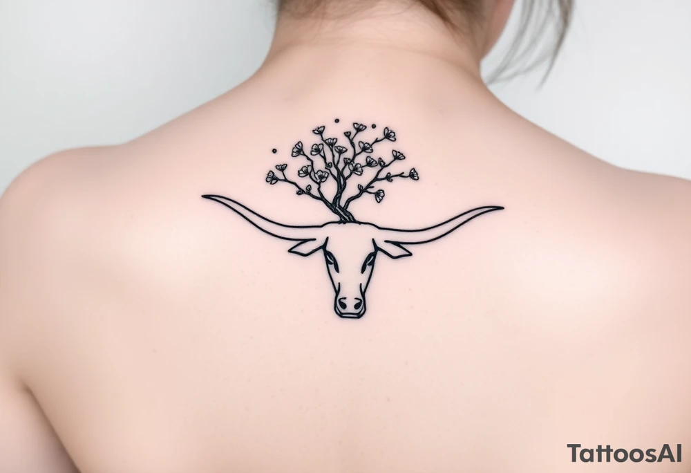 Texas Longhorn with tree growing out of it with flowers blooming tattoo idea
