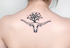 Texas Longhorn with tree growing out of it with flowers blooming tattoo idea