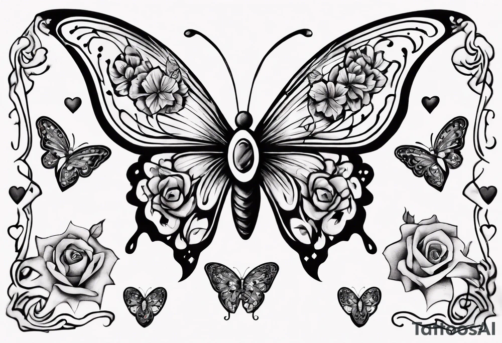 Butterfly with hearts, Layla Jones and 4ever and always designed in the wings tattoo idea