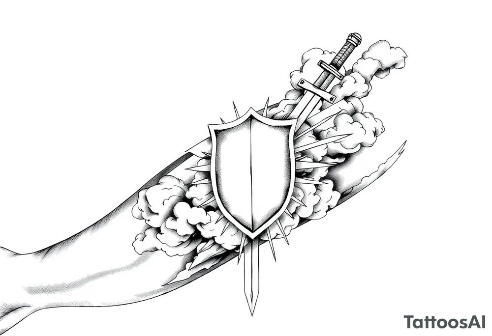 clouds, shield, sword, sun ray tattoo idea