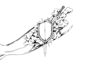 clouds, shield, sword, sun ray tattoo idea