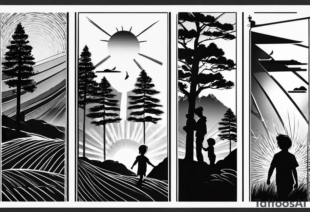 sleeve tattoo sun rays with road and dad, daughter and son silhouette tattoo idea