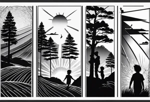 sleeve tattoo sun rays with road and dad, daughter and son silhouette tattoo idea