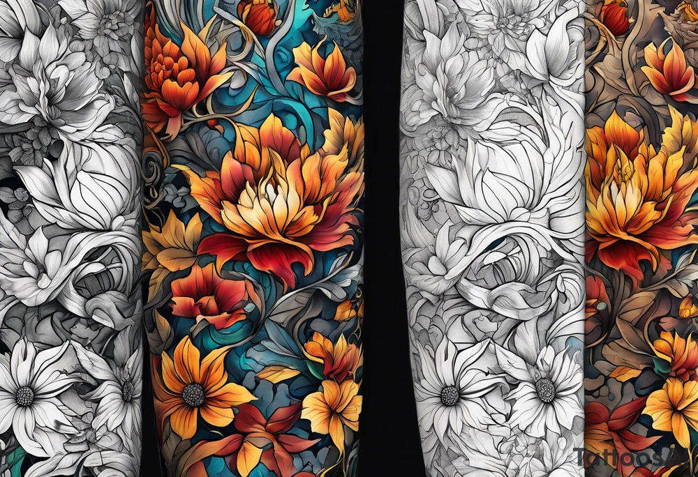 Arm sleeve with fall colors, various flowers, water flow tattoo idea
