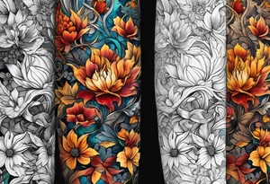 Arm sleeve with fall colors, various flowers, water flow tattoo idea