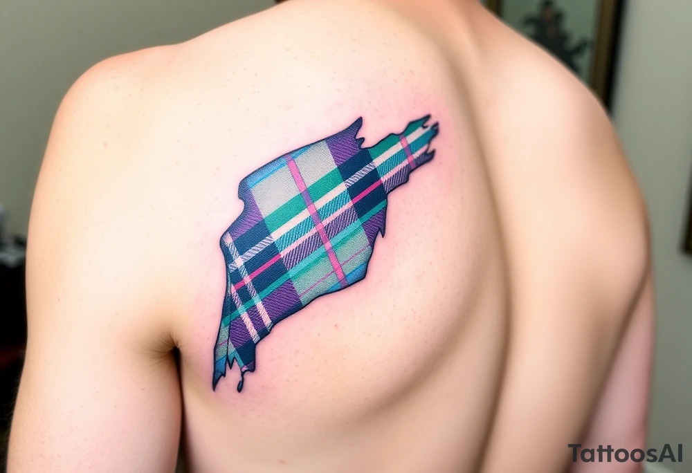 Side of arm Dark Purple with green pink blue and white highlights tartan fabric with skin peeling away at edges tattoo idea