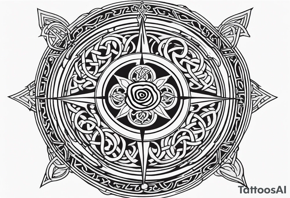 A rose compass with a labyrinth on the inside and to Celtic swords going through the center of the rose compass tattoo idea