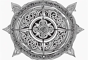 A rose compass with a labyrinth on the inside and to Celtic swords going through the center of the rose compass tattoo idea