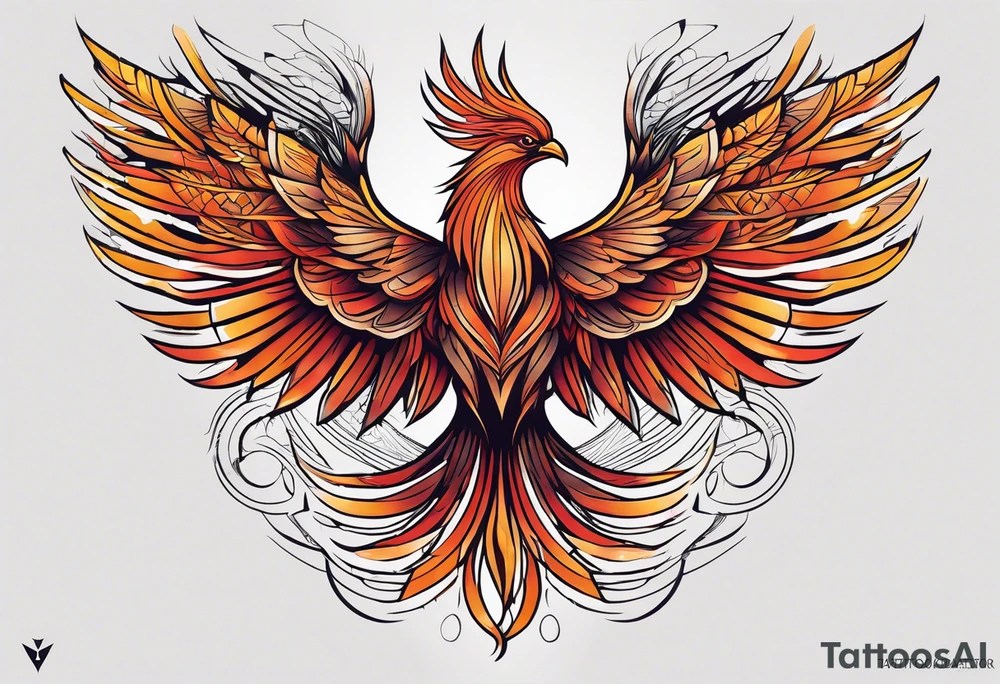 Geometric Tattoo: A powerful, majestic phoenix, depicted mid-flight or rising, with wings extended and feathers flowing. Deep shading and intricate details to bring out the texture and motion of the feathers. Style: Geometric. tattoo idea