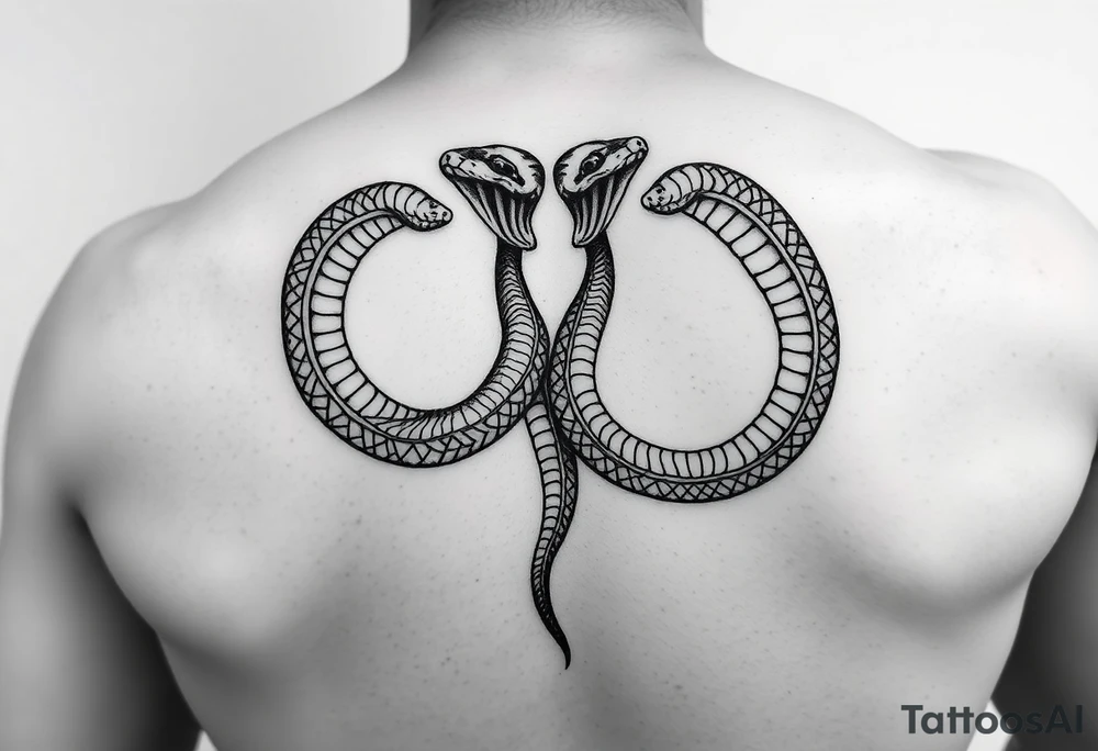 Id like a back tattoo with two snakes.  The illustration should be minimal with "skin-break."  I'd like the tails to be intertwined to accentuate my upper buttocks/upper butt crack, and Id like the snakes to moving upwards to the upper back, with the heads stopping just under my shoulder blades.  Almost like a "V shape" but very organic, like a symmetrical winding road.  Id like the tattoo to be sexy and accentuate my back to make my waist look small.  Black and white. Minimal.  Fine line. Please use a male body type. tattoo idea