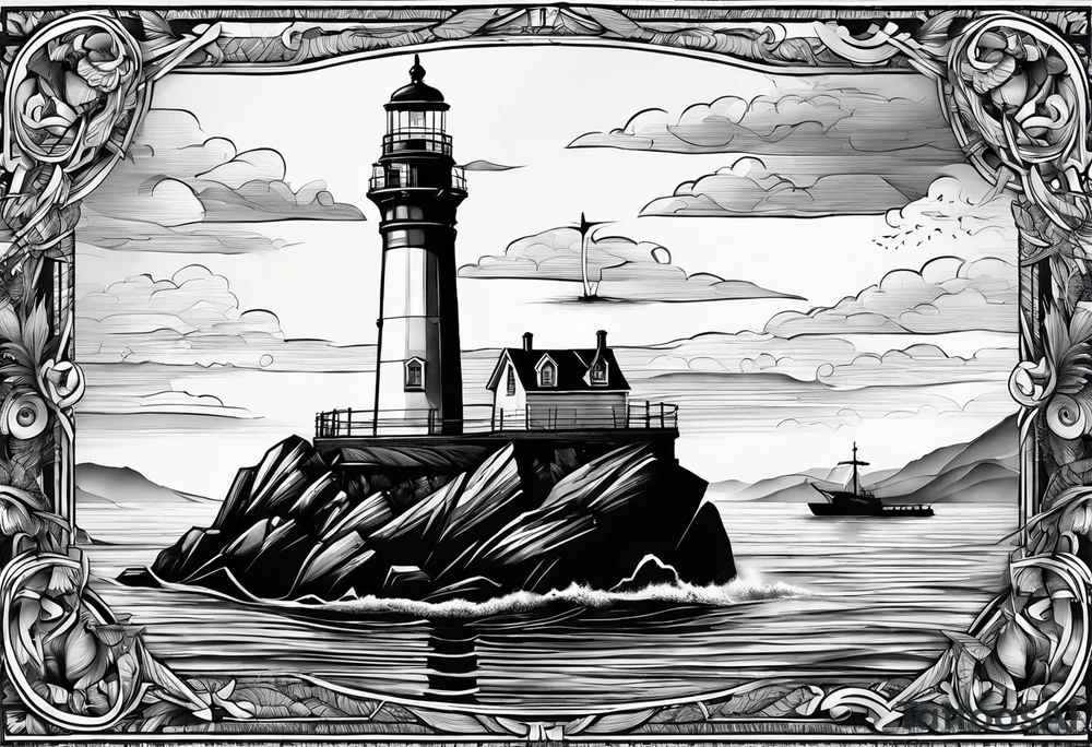phare maritime dans un bateau a voiles vu du devant. tattoo idea