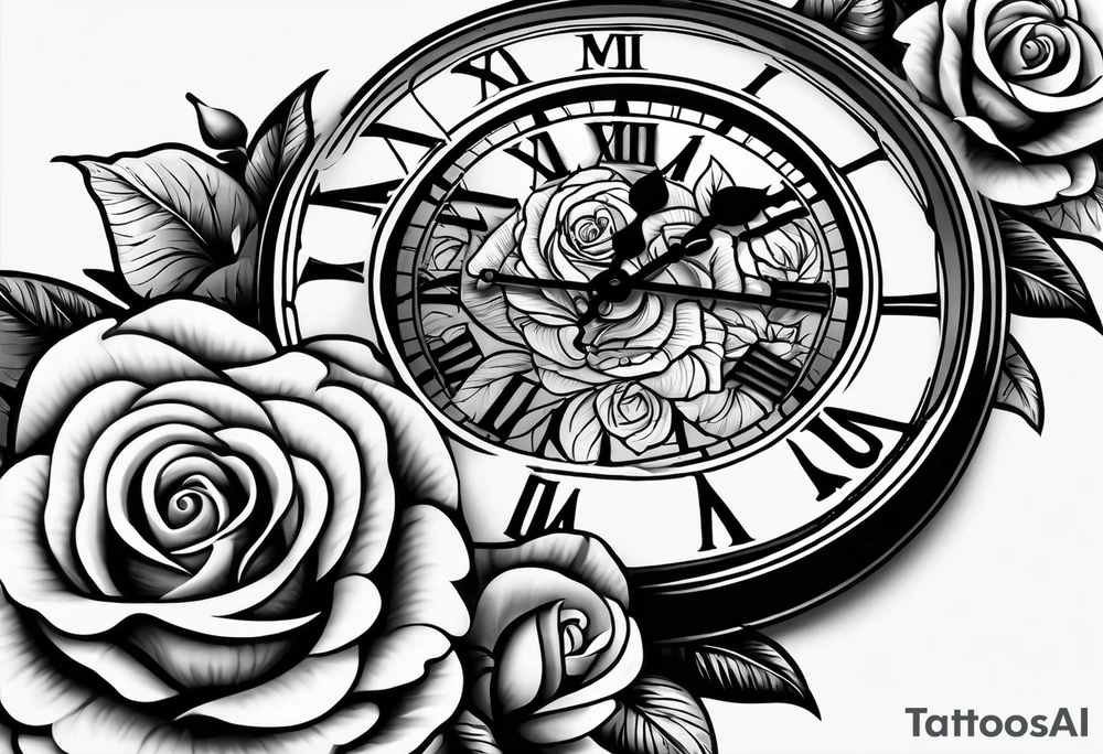 Clock with roses on shoulder/bicep going into roses with the word amor on forearm full sleeve tattoo idea