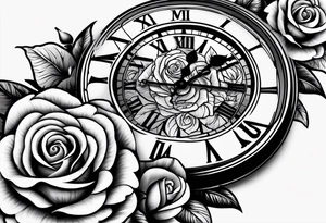 Clock with roses on shoulder/bicep going into roses with the word amor on forearm full sleeve tattoo idea