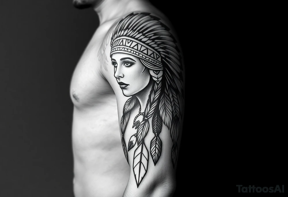 Native American girl with headdress the sun and arrowhead tattoo idea